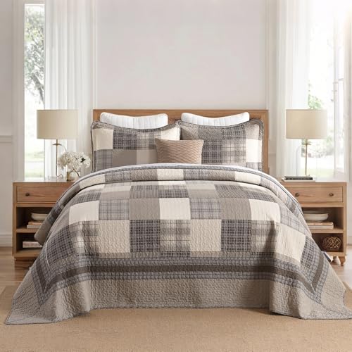Image of 100% Cotton Oversized King Bedspread 128x120, Brown Khaki Plaid