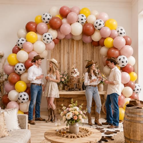 Image of HILAVO Cow Print Balloons, 12 Inch Retro Orange and Pink Yellow Sand White Balloons for Story Theme Farm Country Wild Western Cowgirls Rodeo Baby Shower Birthday Party Decorations