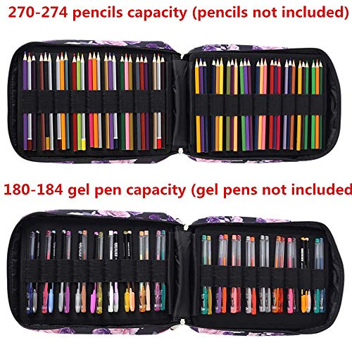 Image of Pencil Case Slot Holds 270 to 274 Colored Pencils or 180 to184 Color Gel Pens with Zipper Closure Large Capacity Nylon Pen Organizer for Artist Purple Rose