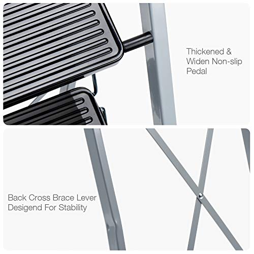 Delxo 3 Step Ladder Folding Step Stool Ladder with Handgrip Anti-Slip Sturdy and Wide Pedal 300lbs Multi-Use for Household and Office Portable Step Stool Steel 3 Step Stool Gray and Black Combo