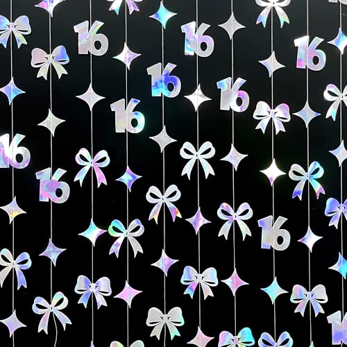 Image of Iridescent 16th Bow Birthday Decorations Metallic Conquette Bow Garland Streamer Banner Backdrop for Girls Boys Happy 16th Birthday Sweet Sixteen Cheers to 16 Years Old Anniversary Party Supplies