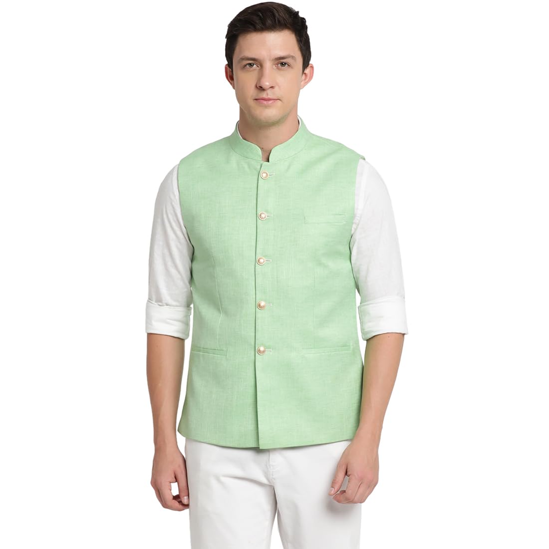turtle Men Poly Cotton Solid Pista Green Nehru Jacket-picture-10
