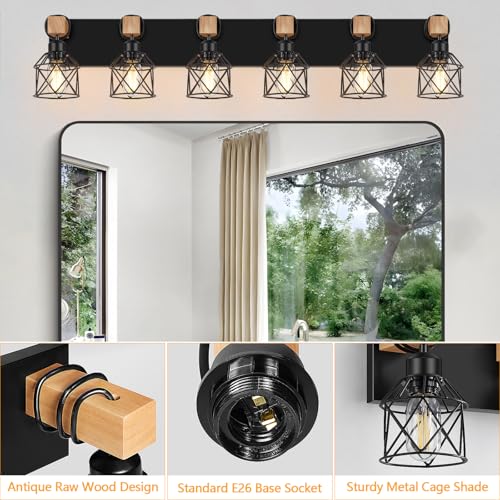 Image of FadimiKoo 6-Light Farmhouse Bathroom Lighting Fixtures, Wood Black Vanity Lights Over Mirror, Rustic Wall Sconces Lighting with Metal Lampshade, Vintage Wall Lights for Bedroom, Living Room, Hallway