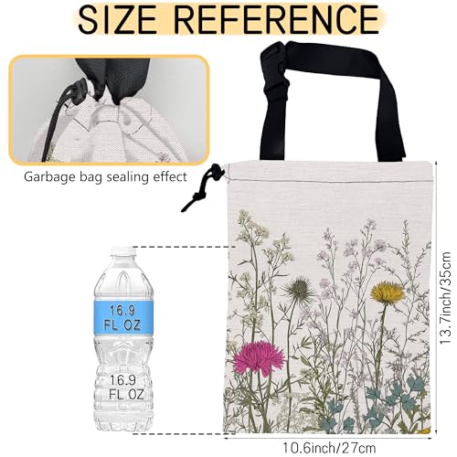 Image of Wild Herb Flower Car Garbage Bag,Vintage Botanical Flowers Small Car Trash Bag Hanging Back of Seat,Drawstring Car Trash Bag with Adjustable Buckle,Car Accessories for Camping Travelling