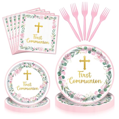 96 Pieces First Communion Floral Tableware Set Pink Floral Cross Disposable Plates Napkins for First Communion Party Christening Baptism and Religious Celebrations Serves 24 Guests