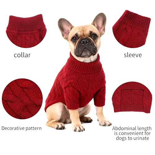 Image of Small /Medium Dog Sweater, Warm Dog Winter Coat w /Sleeves, Comfortable High Neck Premium Dog Clothes for Bulldog-Best for Holidays, Daily Walks L Deep Red