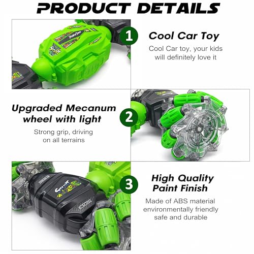 Image of VGRASSP Dual Control Twisting Drift Stunt Car Toy for Kids with Remote Control and Gesture Wrist Controller - Rechargeable 360 Rotating RC Car Toy with LED Lights, Sound Effects - Green