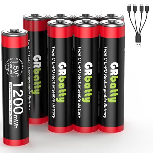 GRbatty USB Rechargeable AAA Batteries 8 Pack USB C Rechargeable Triple A Lithium Batteries 1200mWh 1.5V with 4-in-1 Charging Cable 1 Hour Fast Charging