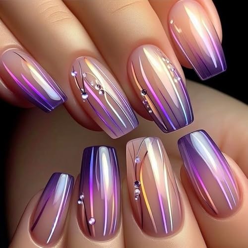 24 Pcs Magic Purple Gradient Press on Nails Medium Square Fake Na...