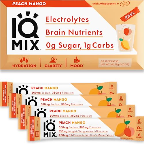 Iqmix Sugar Free Electrolytes Powder Packets - Hydration Supplement Drink Mix With Keto Electrolytes, Lions Mane, Magnesium L-Threonate, And Potassium Citrate - Peach Mango (20 Count) #TOP15