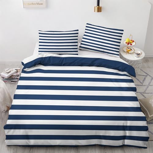 QEODAH Parure de Lit 140x200 Nautique - Housse de Couette 1 Personne Motif Rayures Bleu Marine et Blanc, Ensemble de Literie en Microfibre Douce avec Fermeture éclair,...
