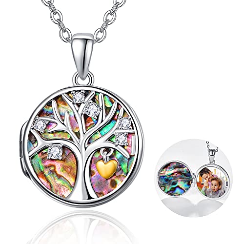 TANGPOET Lebensbaum Medaillon Halskette 925 Sterling Silber Abalone Baum des Lebens Medaillons Anhänger mit Bild Foto Halskette Geschenk für Frauen Mädchen Familie