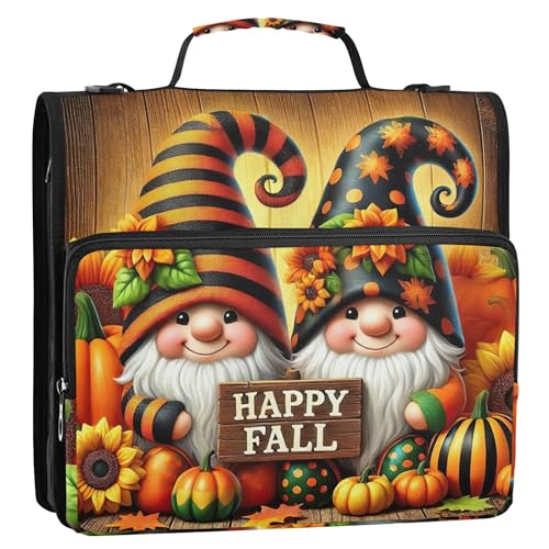 Happy Fall かわいいノーム 秋 1 1/2インチ 3リングバインダー Dリング ジップアップバインダーオーガナイザー ミドルスクールバインダーバッグ ストラップ付き 楽しいマルチポケット 大きなポートフォリオフォルダー