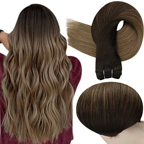 Full Shine Brown Hair Extensions Sew in Human Hair Dark Brown Ombre Ash Brown 16 Inch 100 Grams Human Hair Bundles Brown Weft Hair Extensions Remy Hair Double Weft One Piece Thick