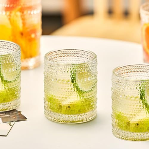 Hobnail Drinking Glasses Set of 6, 10 oz, Cocktail Glasses Vintage Glasses Drinking Set Glass Cups Mixed Drinkware Set Vintage Glassware Set for Juice, Cocktail, Whisky, Soda, Beverages. Clear - Thumbnail 3