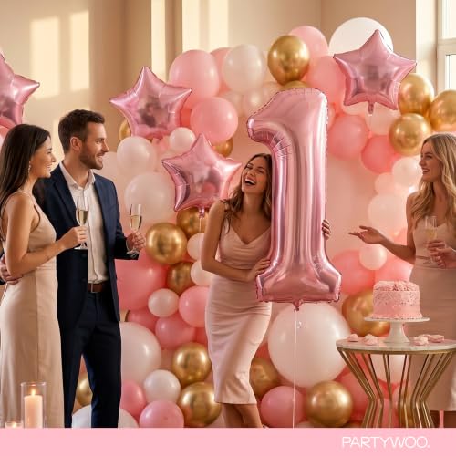 Image of PartyWoo Baby Pink Number 1 Balloon 40 Inch 25pcs Pink Foil Star White Gold