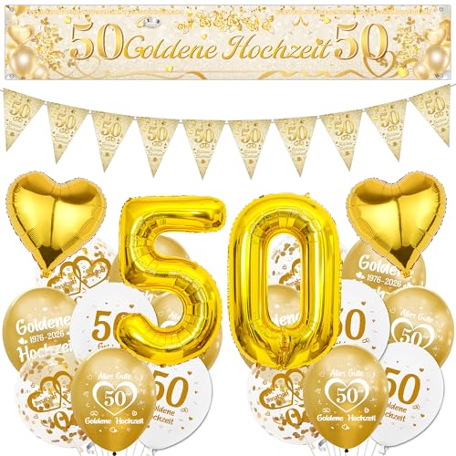 Goldene Hochzeit Deko Luftballons Banner Set - 50 Hochzeitstag Dekoration Gold Ballons Wimpel und Riesen Zahlenballon Stoff Partybanner für 50. Jahrestag Party