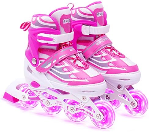 DUESI Pink Inline Skates for Girls, Skates for Kids Ages 6-12 &3-5, 4 Size Adjustable Light Up Roller Skates, 8 with Light-Emitting Wheels, Suitable for Girls and Boys Beginners Outdoor Indoor Use