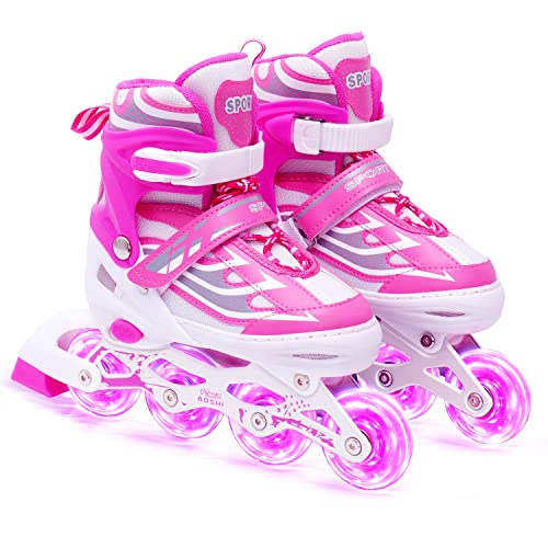 Duesi Pink Inline Skates For Girls, Skates For Kids Ages 6-12 &3-5, 4 Size Adjustable Light Up Roller Skates, 8 With Light-Emitting Wheels, Suitable For Girls And Boys Beginners Outdoor Indoor Use #TOP26