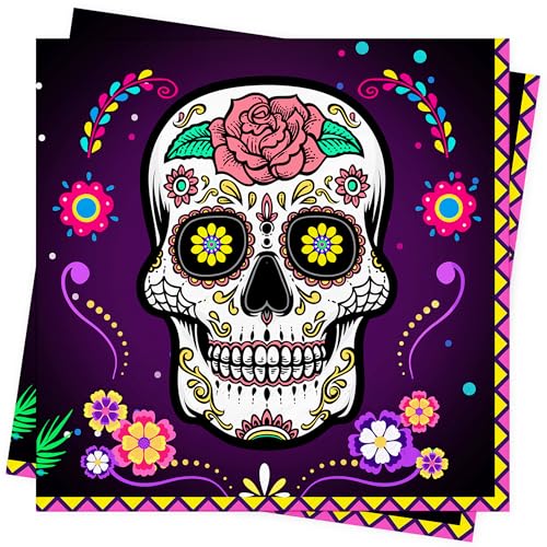 80Pcs Day of the Dead Napkins Decorations Halloween Napkins Serviettes Mexico Linen Dia De Los Muertos Decor Paper Napkin Table Decorations for Halloween Party Tableware Home Decor 33x33cm