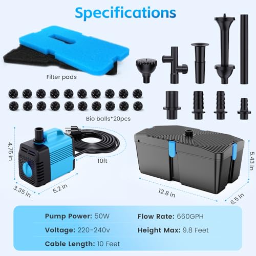 Teichpumpe mit Filter und Springbrunnen Set, 50W 2500L/H Teichpumpe und Filter-Kit, Teichfilter für Außenteiche, sauberer Koi-Teichfilter