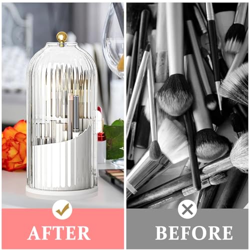 Image of MAYCREATE Makeup Brush Holder Organizer with Lid, 360 Rotatable Makeup Brushes Storage Case, Dustproof Clear 3-Grid Cosmetic Organizer Stand for Vanity Desktop Bathroom