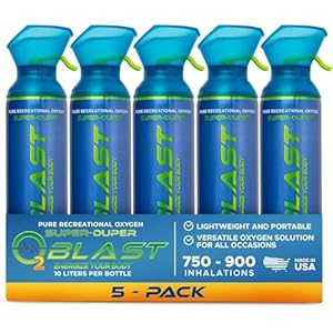 O2 Blast – Portable Oxygen Can, Filled with 99.99% Pure Oxygen in a Can with Breathing Mask for Sports, Travel, and High Altitude Use | On-The-Go Air Support for Hiking and Outdoors – 10L, 5-Pack