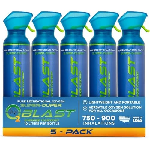 O2 Blast – Portable Oxygen Can, Filled with 99.99% Pure Oxygen in a Can with Breathing Mask for Sports, Travel, and High Altitude Use | On-The-Go Air Support for Hiking and Outdoors – 10L, 5-Pack