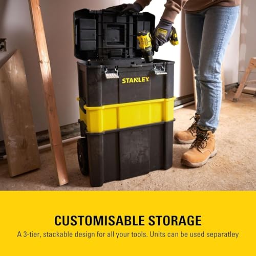 STANLEY Essential Rollende Werkstatt (3-in-1 stapelbare Boxen, leerer Werkzeugkasten, belastbar bis zu 20kg, mit Metallverschlüsse, Organizer für Kleinteile im Deckel) STST1-80151
