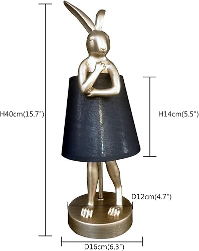 Miniatura 6 de Linda lámpara de mesa con diseño de conejo, delantal de resina dorada creativa, luz LED de escritorio, pantalla de lino blanconegro, 15.7 pulgadas,