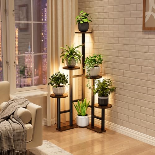 Image of Corner Plant Stand Indoor with Grow Lights 6 Tiered Corner Plant Shelf | Flower Stand for Multiple Plants, Plant Shelves Organizer Rack for Living Room, Balcony, Patio, Garden, Rustic Brown
