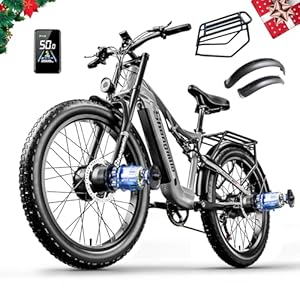 Shengmilo S600 elektrische fiets, piek 1OOOW,26″ x 3.0 Fat Tire Ebike, Dual Motors Ebike, e fiets voor volwassenen, dirtbike, 48V 17.5AH batterij, volledige vering dubbele schouder vork DNM