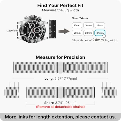 Image of Fullmosa 24mm Stainless Steel Watch Band, Quick Release Metal Replacement Strap with Removable Links, Includes Spring Bars & Link Removal Tool for Men Women (Silver) | 24mm Silver Metal Quick Release Bracelet for Men and Women