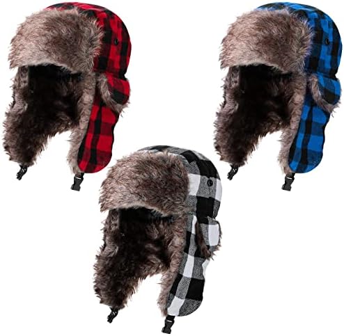 3 Pieces Winter Lumberjack Trapper Plaid Hats Russian Ushanka Bomber Hat Winter Windproof Hats with Ear Flaps for Cold Weather Men and Women