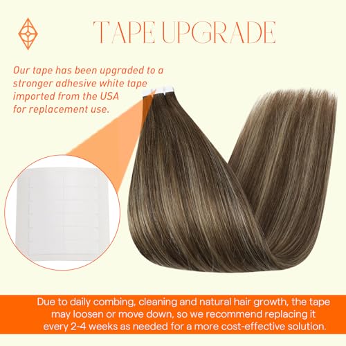 Full Shine Invisible Tape in Hair Extensions Human Hair 18 Inch Tape ins Brown Extensions Color 4/24/4 Balayage Hair Extensions Real Human Hair Seamless Tape ins Human Hair Extension 50Gram 20Pcs - Image 3