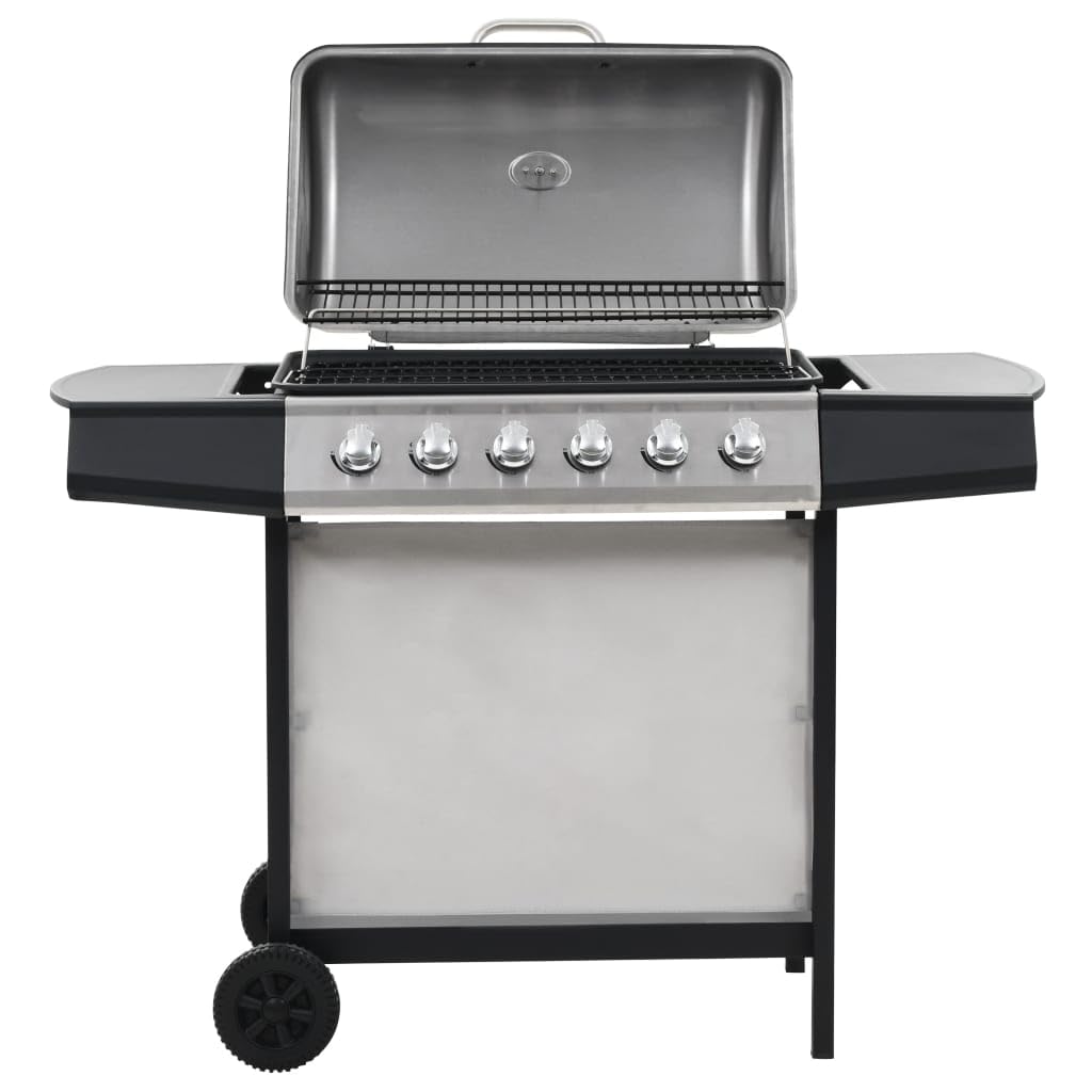 Barbecue a gas con 6 fiamme, in acciaio inox, stazione barbecue da giardino con termometro, 12 kW, superficie di cottura 63,5 x 37,5 cm, per terrazza e giardino