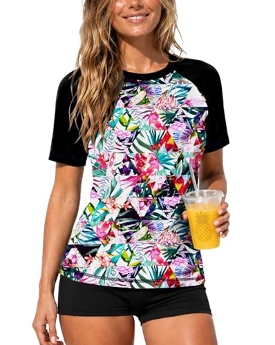 Image of AOBUTE Women Short Sleeve Rash Guard UPF 50+ Tropical Sun Protection Floral Swim Shirts