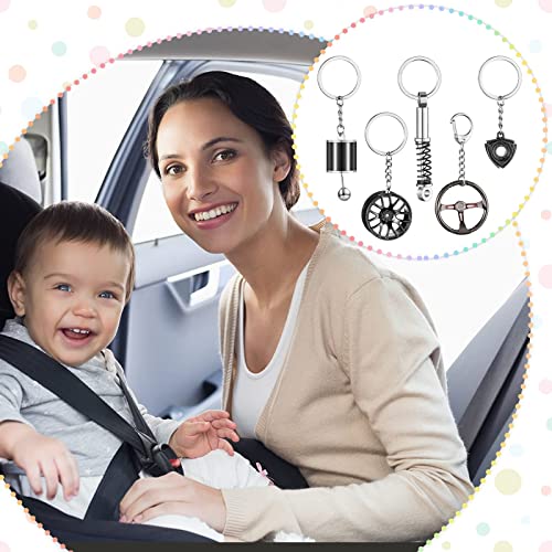 Tallew 5 Pcs Car Parts Model Key Chains Set Steering Wheel Metal Keychain Tire Rim Keychain Spring Keychain Manual Transmission Shift Lever Key Chain Rotor Engine Key Ring Holder #TOP4