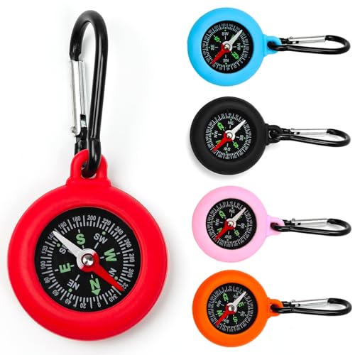 Cveenk 5 Stück Mini Kompass Kinder, Schlüsselhalter mit Kompass und Karabiner, Tragbar Wasserdichter Schlüsselanhänger Compass Anhänger für Outdoor Ferienlager Camping Wandern Reisen (Bunt 5)