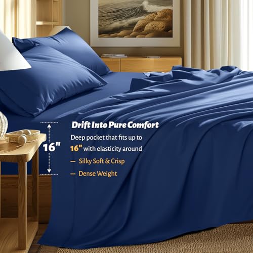 Shilucheng 100% Egyptian Cotton Queen Size Sheets Set - 1000 Thread Count,Luxury Cotton Bed Sheets,Breathable & Cooling Bedding and Pillow Cases, 16 Inch Deep Pocket - 4 Piece (Navy Blue, Queen)