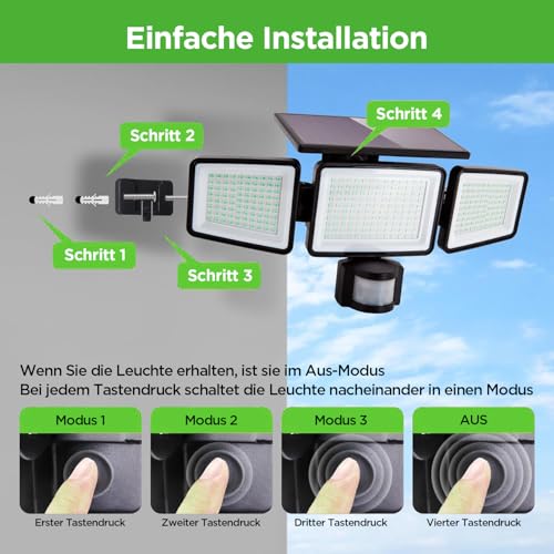 UME Solar-Außenleuchten, 302 LEDs, 1500 lm, wasserdicht, Bewegungsmelder, Außenleuchten, 3 Köpfe… – Ansicht 6