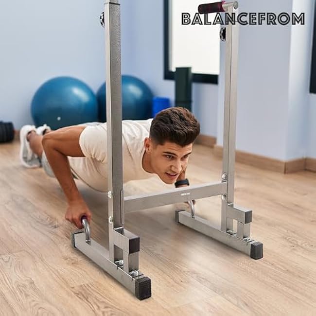 BalanceFrom Steel Frame Multi-Functional Home Gym Exercise Fitness Dip Stand Station with Adjustable Height, 500 Pound Capacity, Multiple Colors