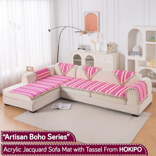 Image of HOKIPO 'Artisan Boho Series' L Shape (3+3 Seater) Sofa Cover Seat Mat | 450 GSM Cotton Acrylic Jacquard Fabric with Tassel, Fuchsia Pink (IN-904-A5*2)