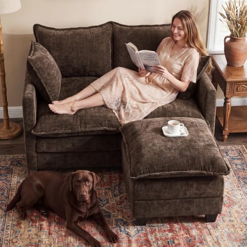 Image of 50 inch Love Seat with Ottoman, Small L Shape Cloud Sofa Couch, 2-Layer Cushion & 27 inch Deep Seat, 2 Pillows for Small Spaces, Bedroom, Apartment, Office, Living Room, Brown