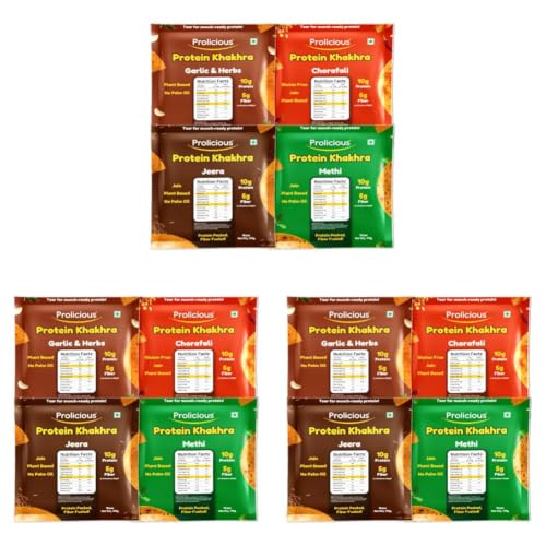 Image of Prolicious High Protein & Fibre-Rich Khakhra Combo Pack | Crispy Healthy Khakhra Snacks | Indian Snack | No Onion No Garlic | Anytime Tea-Time Snack (Pack of 12, 170g Each)