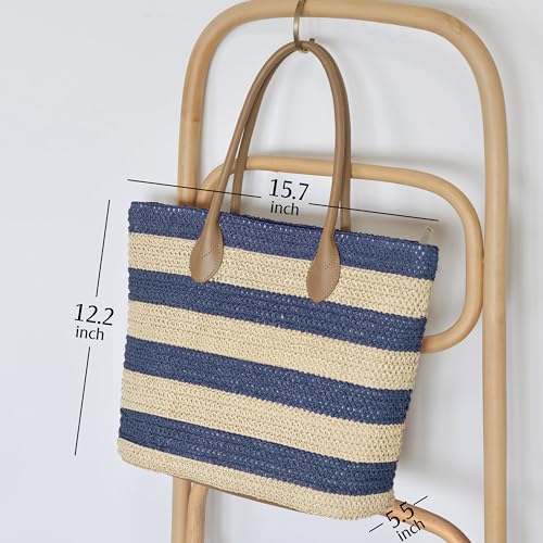 Bolso Tote de mujer de paja sintética a rayas ligero miniatura 4
