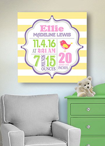 Personalized Stretched Canvas, Striped Birth Announcement, Custom Baby Name, Date, Weight Stats, Safari Lovebird Nursery Wall Decor, Wooden Frame Construction, Ready to Hang 24X24