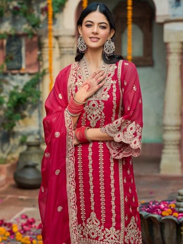 Image of INDO ERA Women's Organza Embroidered Straight Kurta and Pant with Dupatta Set (IEOUT10610)