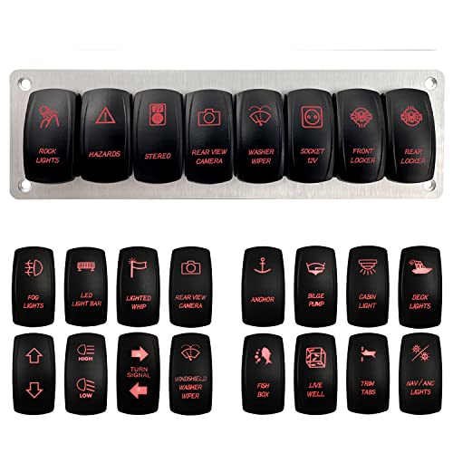 Image of 8 Gang Customize Rocker Switch Panel with Silver Aluminum Mounting Bracket 5 PIN 7 PIN Pre-Wired Red Led Toggle Switch Panel for Automotive Vehicle Bus Yacht RZR Dashboard 12V 24V