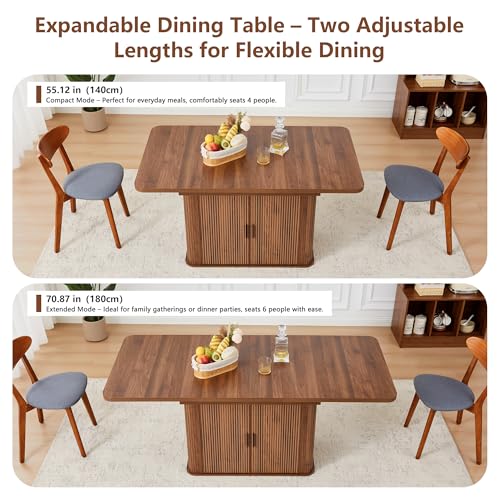 Image of weselon 55 inch-71 inch Extendable Dining Table with Storage, Expandable Kitchen Table for 4-6, Space Saving Dining Room Table with Hidden Storage Cabinet, Adjustable Shelves & Fluted Base (Walnut)